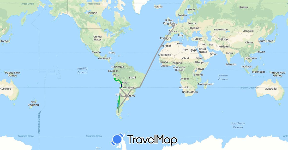 TravelMap itinerary: driving, bus, plane, boat in Argentina, Bolivia, Chile, France, Peru (Europe, South America)